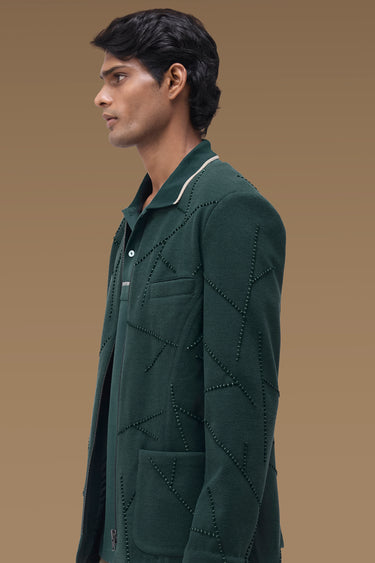 Premium Beaded Zip Front Jacket in Midnight Green