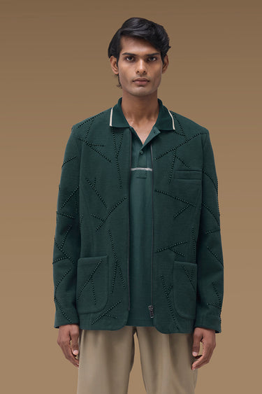 Premium Beaded Zip Front Jacket in Midnight Green