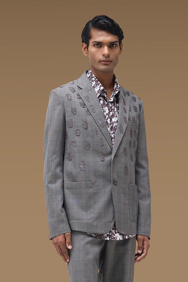 Premium Textured Check Tailored Jacket in Grey