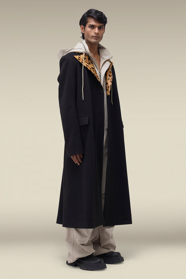 Premium Leopard-Lined Lapel Coat in Black