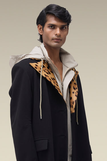 Premium Leopard-Lined Lapel Coat in Black
