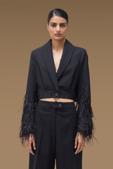 Premium Ostrich Feather / Raffia Fringe Trim Cropped Shawl Collar Jacket - Poly Wool