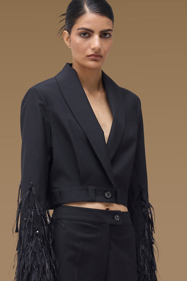 Premium Ostrich Feather / Raffia Fringe Trim Cropped Shawl Collar Jacket - Poly Wool