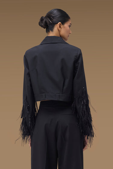 Premium Ostrich Feather / Raffia Fringe Trim Cropped Shawl Collar Jacket - Poly Wool