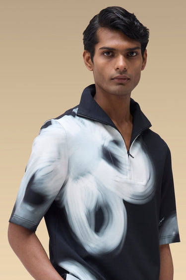Premium Black Brushstroke Print Interlock Scuba T-Shirt