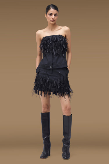 Black Strapless Bustier Top with Ostrich Feathers / Raffia Fringe Embellishment and Sequin Detail