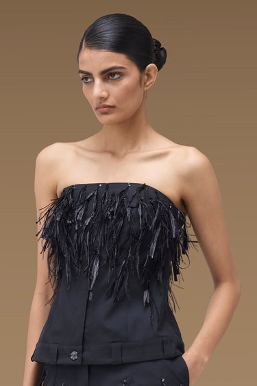 Black Strapless Bustier Top with Ostrich Feathers / Raffia Fringe Embellishment and Sequin Detail