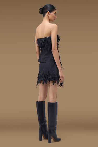 Black Strapless Bustier Top with Ostrich Feathers / Raffia Fringe Embellishment and Sequin Detail
