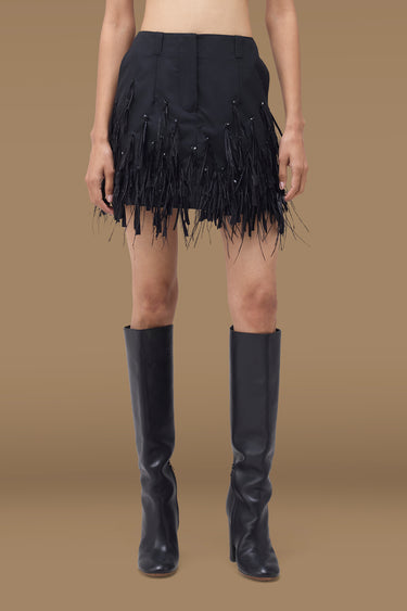 Premium Ostrich Feather / Raffia Fringe Trim Tailored Mini Skirt - Poly Wool