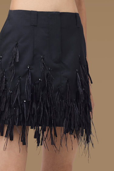 Premium Ostrich Feather / Raffia Fringe Trim Tailored Mini Skirt - Poly Wool