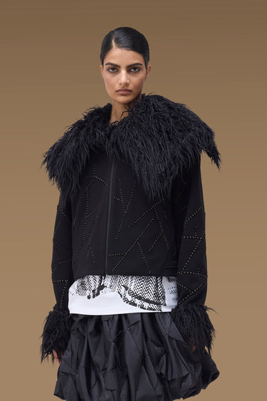 Premium Faux Fur Collar Studded Biker Jacket - Poly Rayon