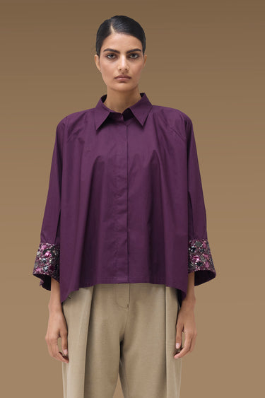 Premium Deep Purple Cotton Lycra Embellished Oversize Shirt