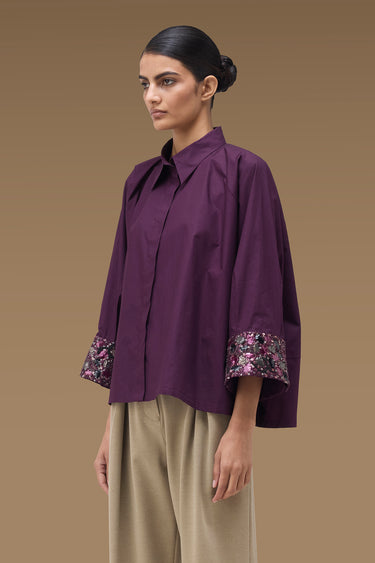 Premium Deep Purple Cotton Lycra Embellished Oversize Shirt
