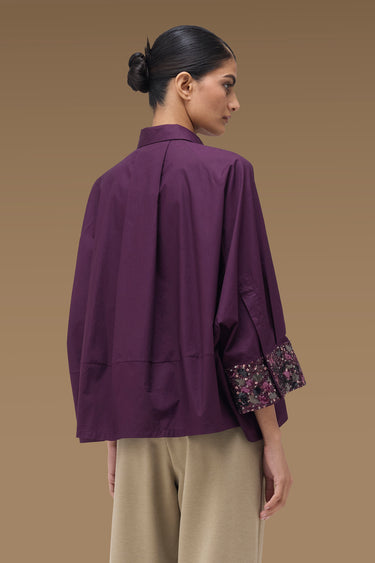 Premium Deep Purple Cotton Lycra Embellished Oversize Shirt
