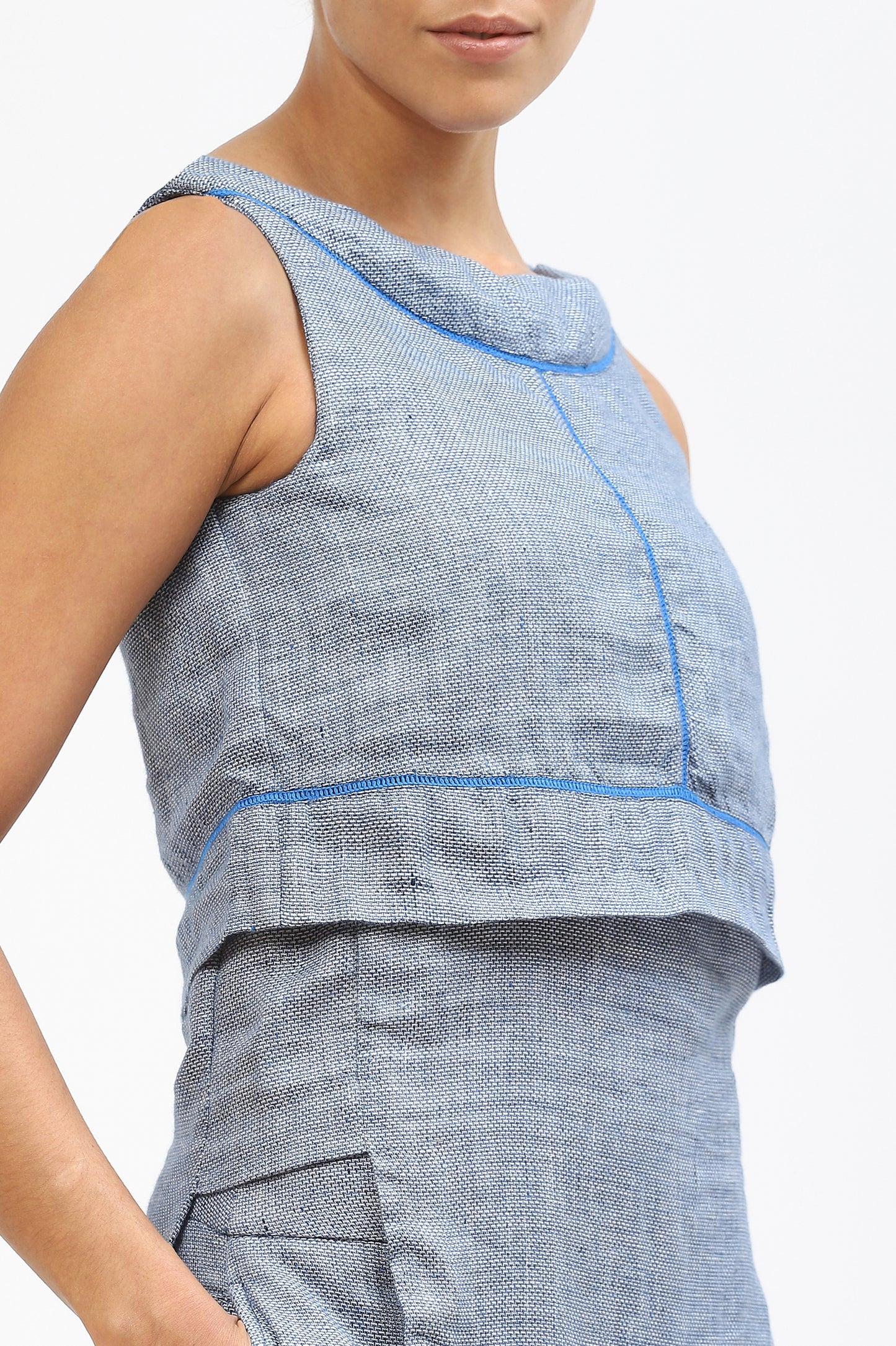 Blue Linen Kurta For Women With Flap Detail & Matching Thread Work