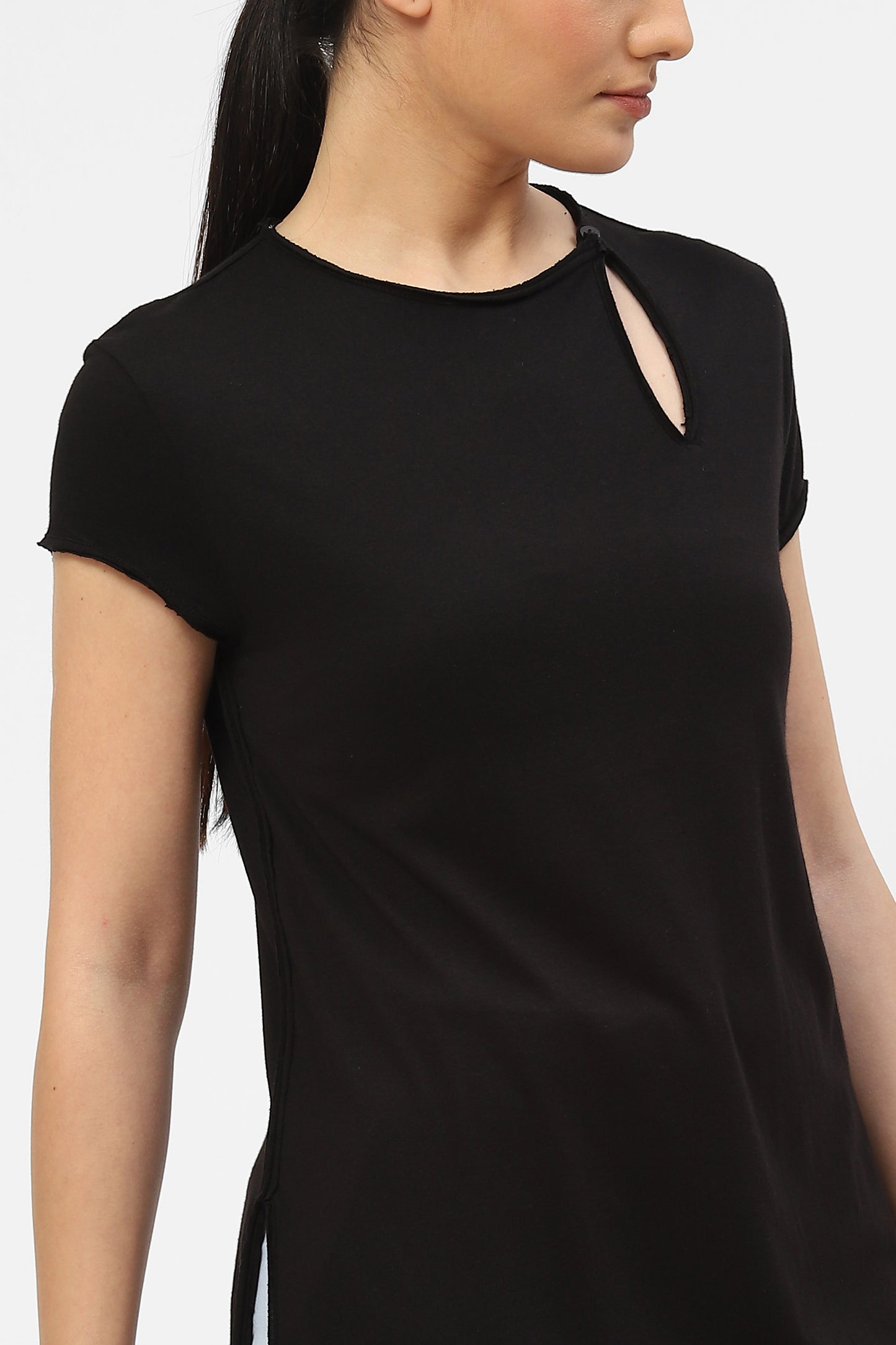 Black Cotton Jersey Womens Kurta For Woman With Asymmetric Slit Detail