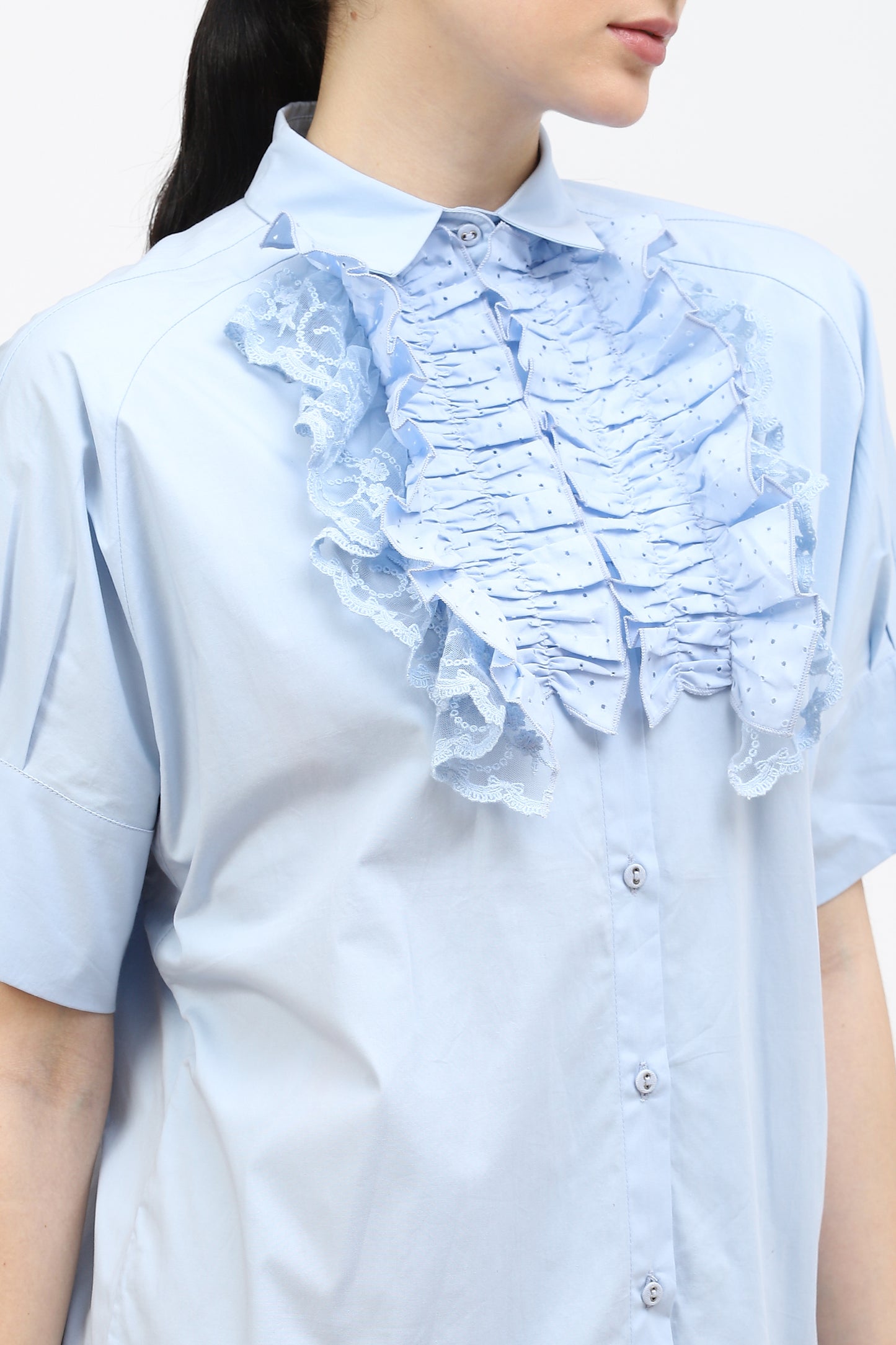 Oversized Ice Blue Womens Shirt With Ruffle Yoke Detail