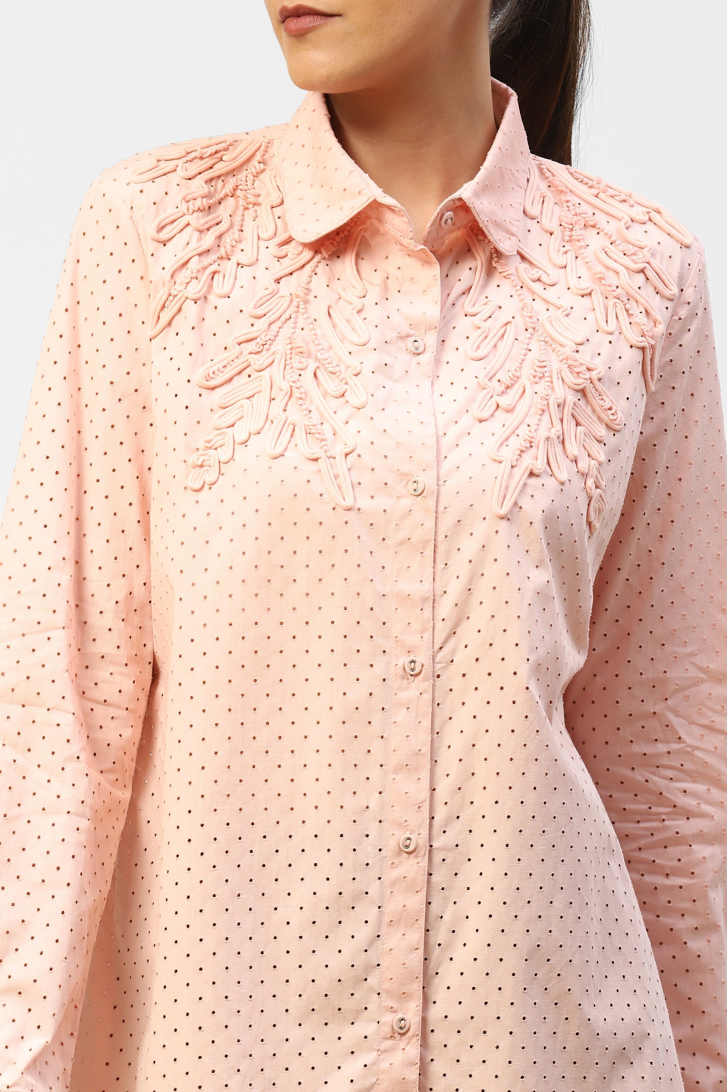 Light Pink Perforated Cotton Womens Shirt With Fabric Embroidery