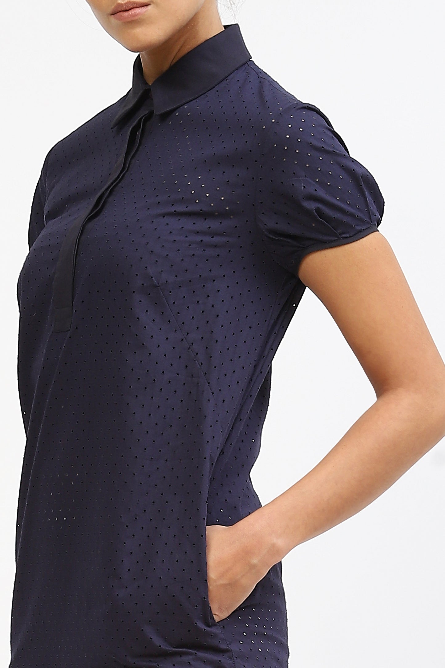 Navy Blue Tunic Cotton Dress For Women With Contrasting Detail