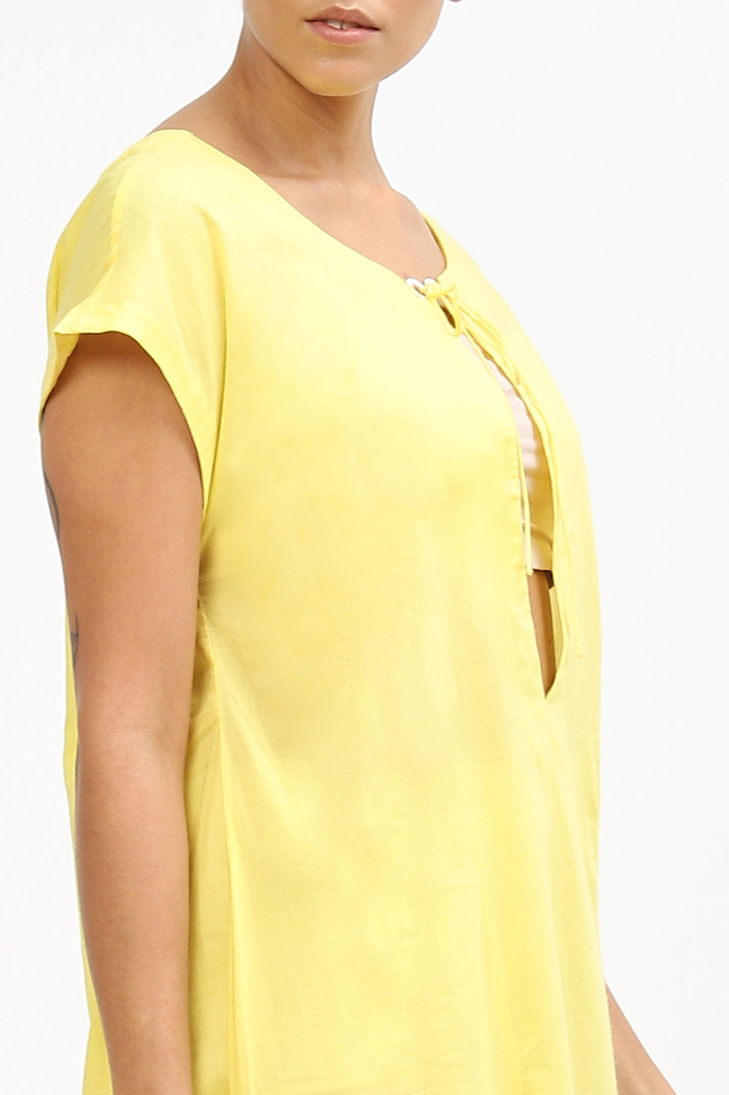 Yellow Voile Cotton Long Dress With Neck Slit Detail