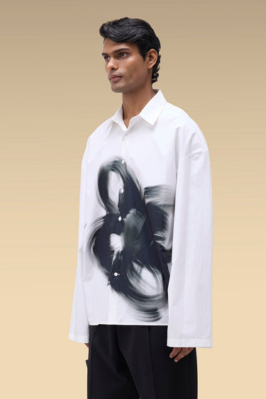 Premium White Brushstroke Print Cotton Poplin Shirt