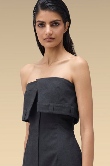 Premium Foldover Bust Strapless Midi Dress - Dobby Viscose