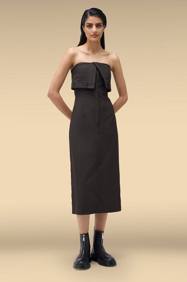 Premium Foldover Bust Strapless Midi Dress - Dobby Viscose