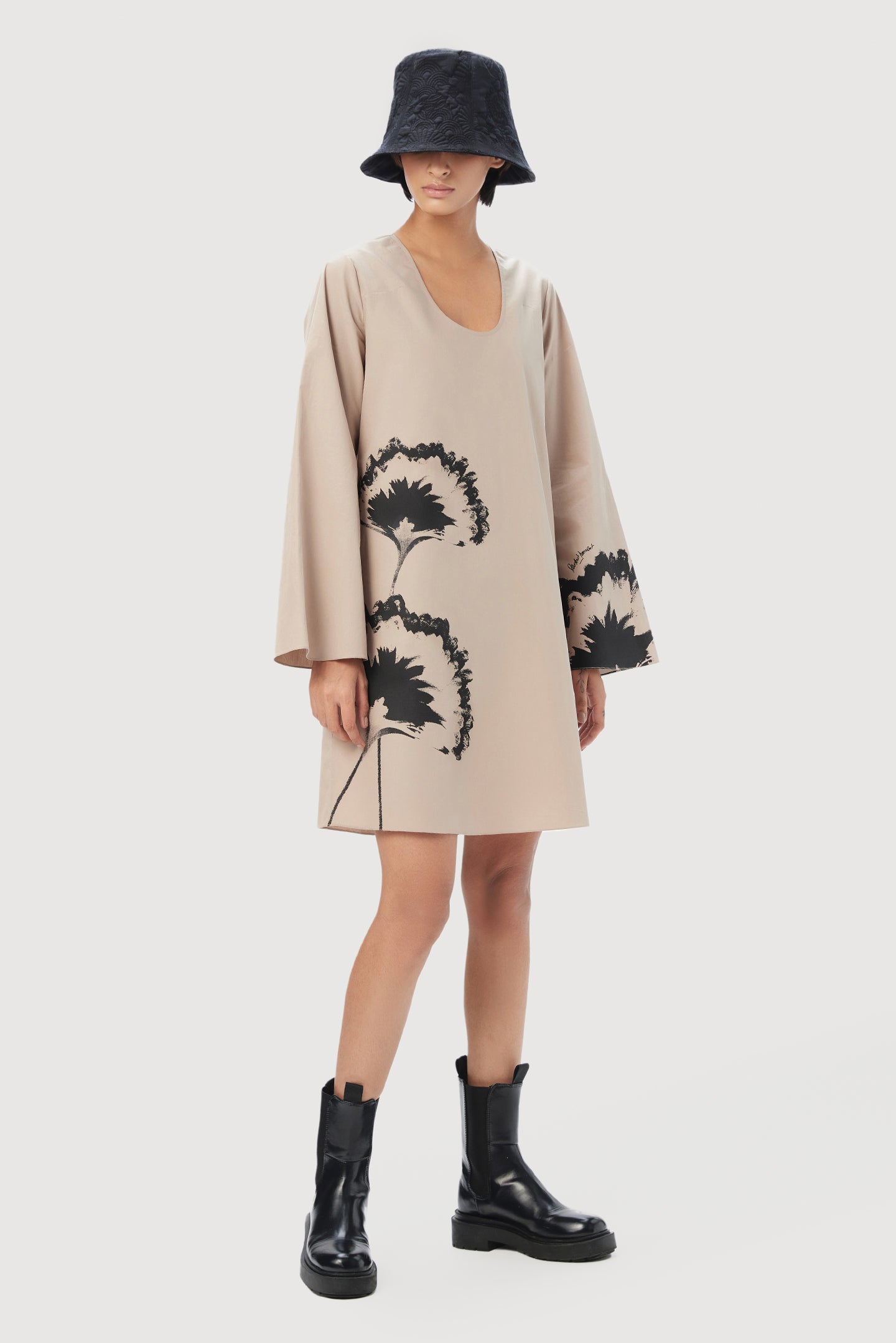 A-Line Oval Neck Dress with Bell Sleeves