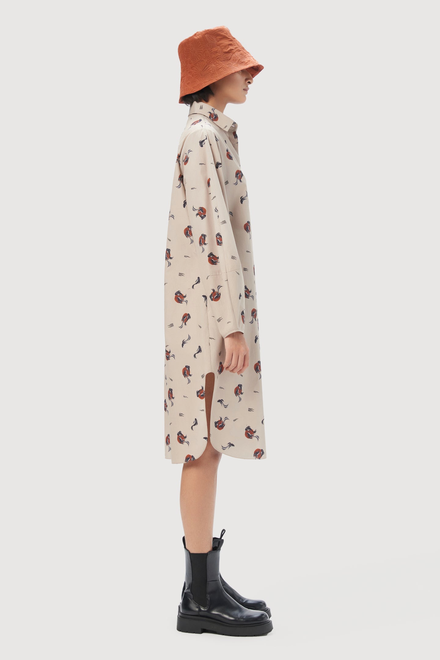 Elegant A-Line Shirt Dress with All-Over Fish Print
