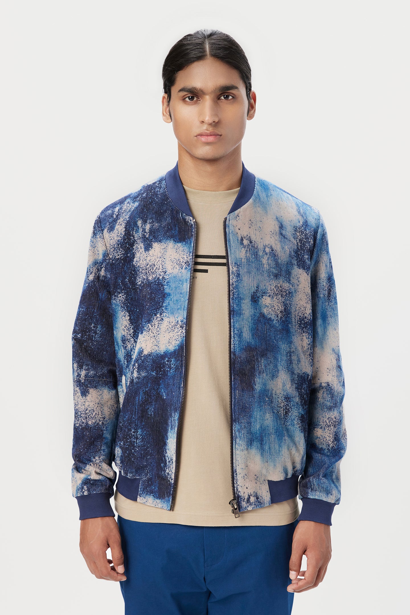 Easy Fit Bomber Jacket with Front Zipper Detail and All-Over Textured Print