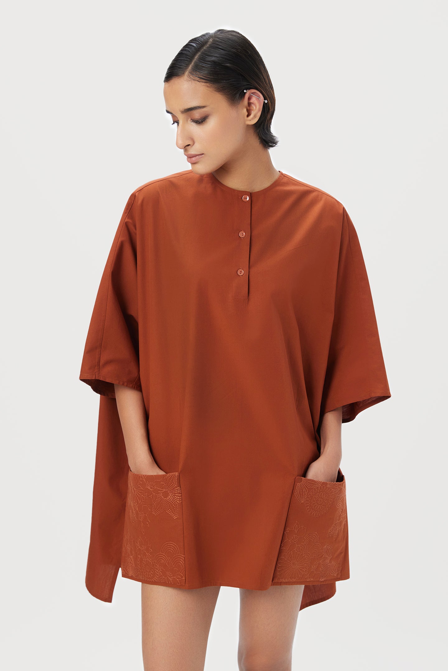 Oversized Round Neck Top with Front Placket