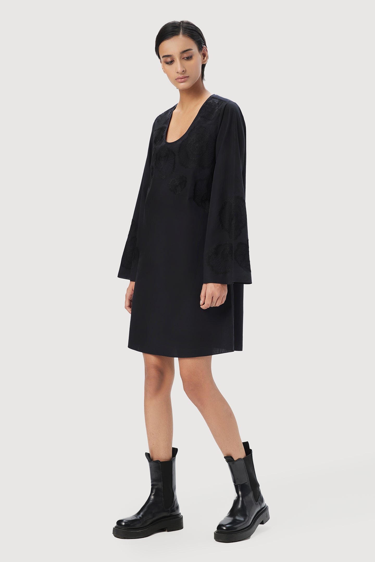 A-Line Deep Oval Neck Dress with Bell Sleeves