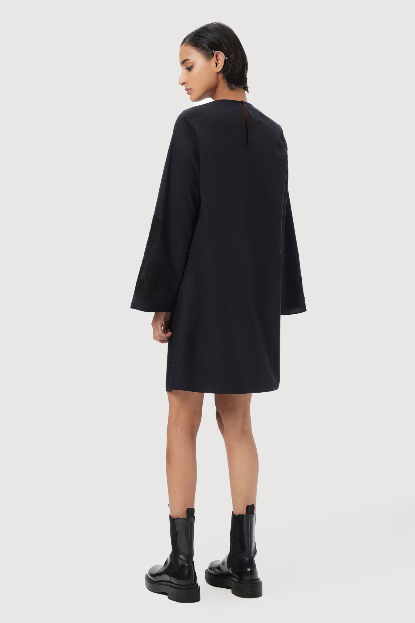 A-Line Deep Oval Neck Dress with Bell Sleeves