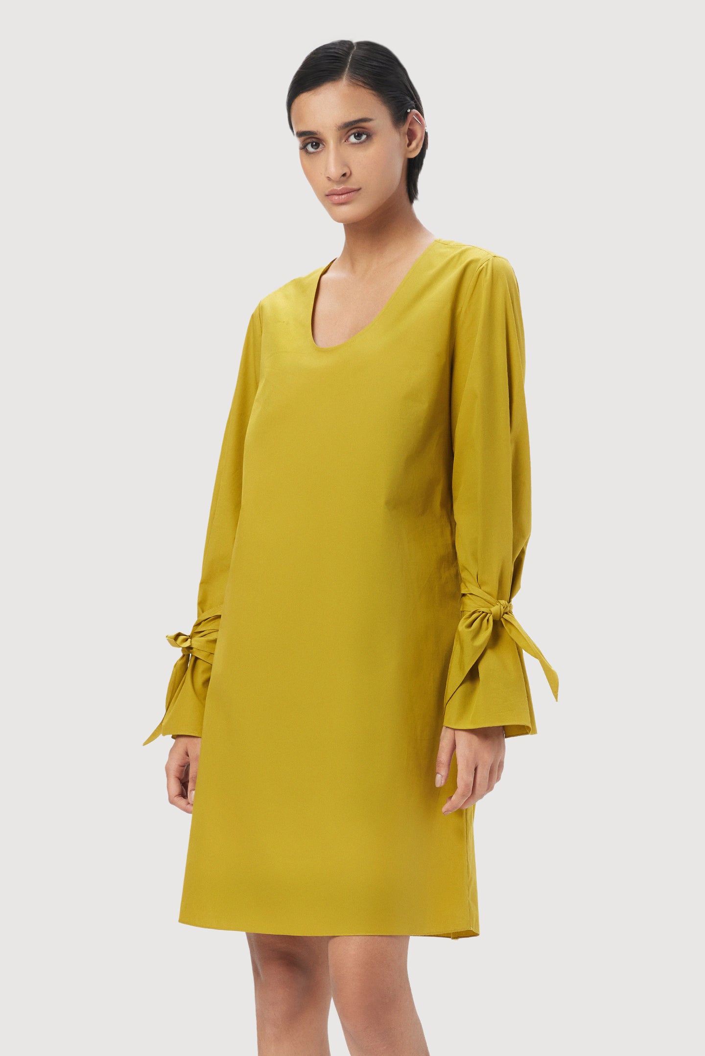 A-Line Round Neck Dress with Tie-Up Straps on Sleeves