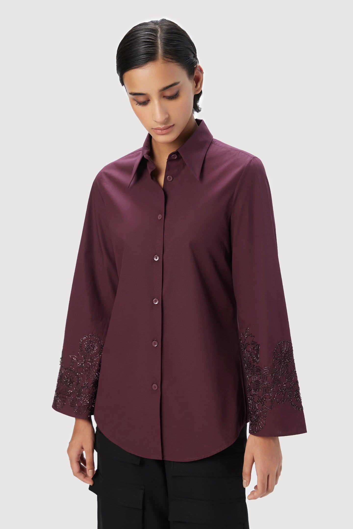 Slim Fit Button Down Shirt With Bell Sleeves And Tone On Tone Floral Beads Embroidery