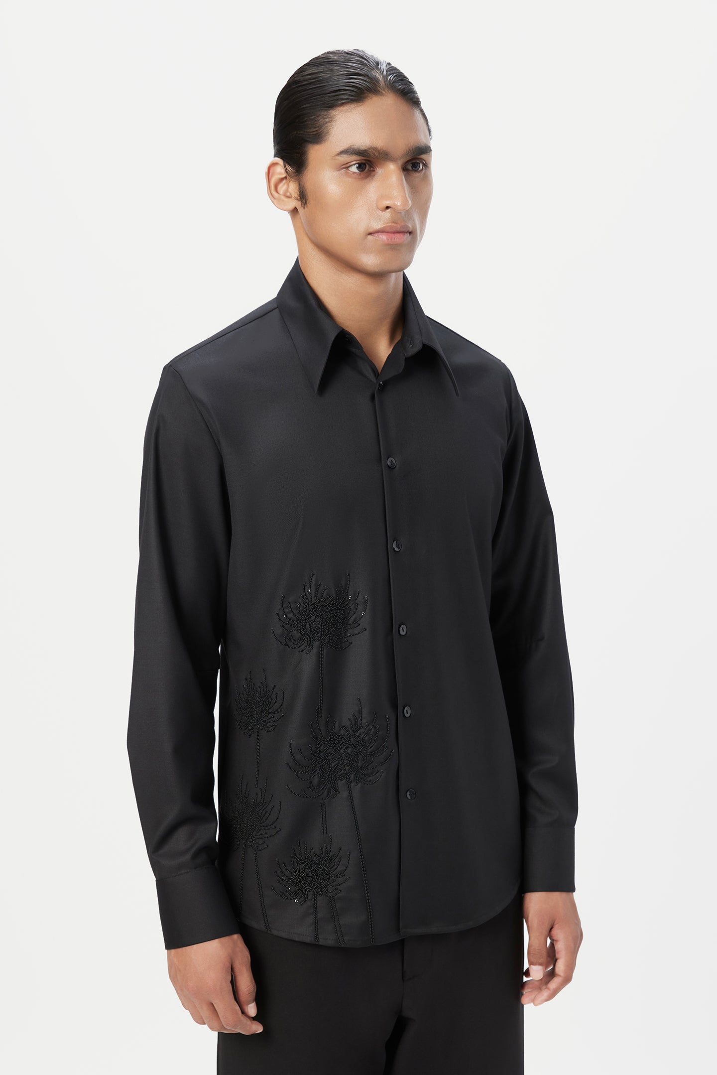 Regular Fit Button-Down Shirt with Beads Embroidery Placement