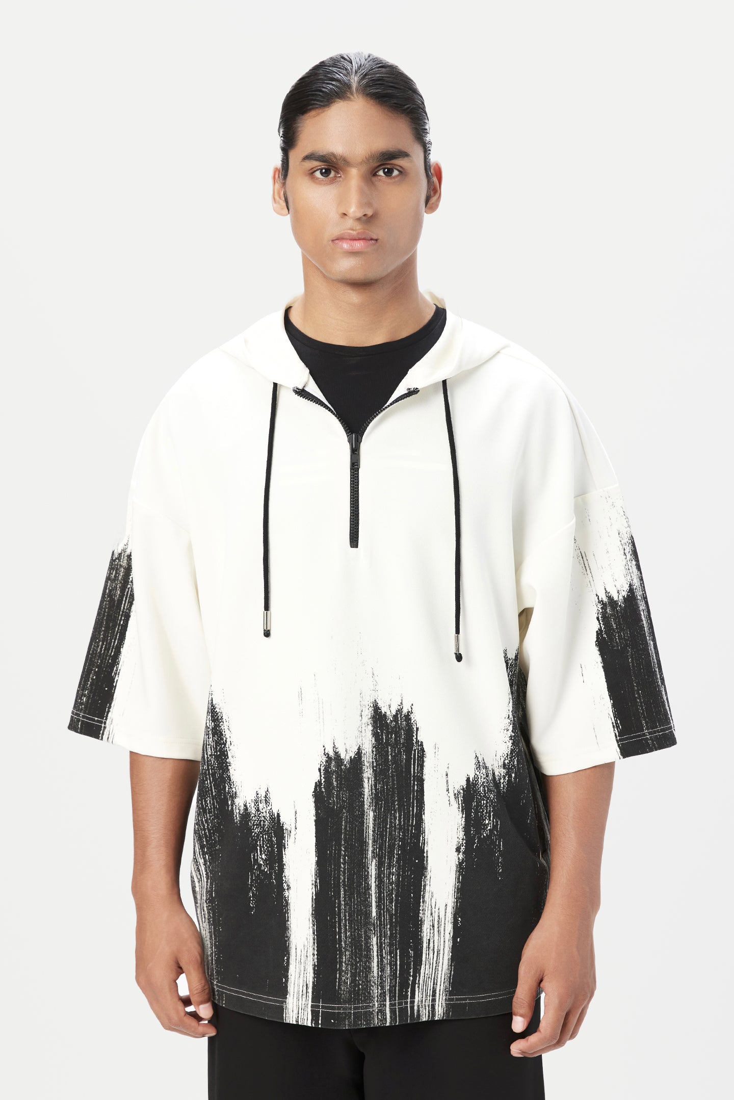 Relaxed Fit Hoodie T-Shirt with Brush Stroke Print Placement