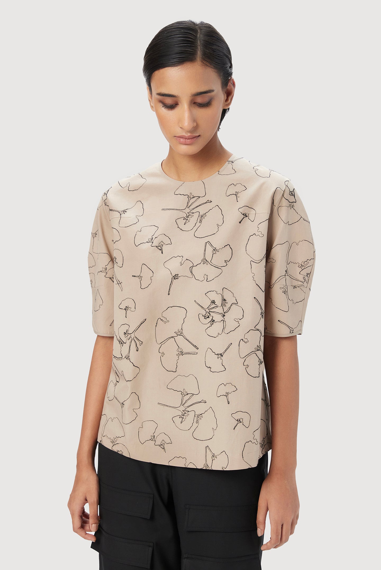 Straight Fit Round Neck Top with All-Over Gingko Thread Embroidery