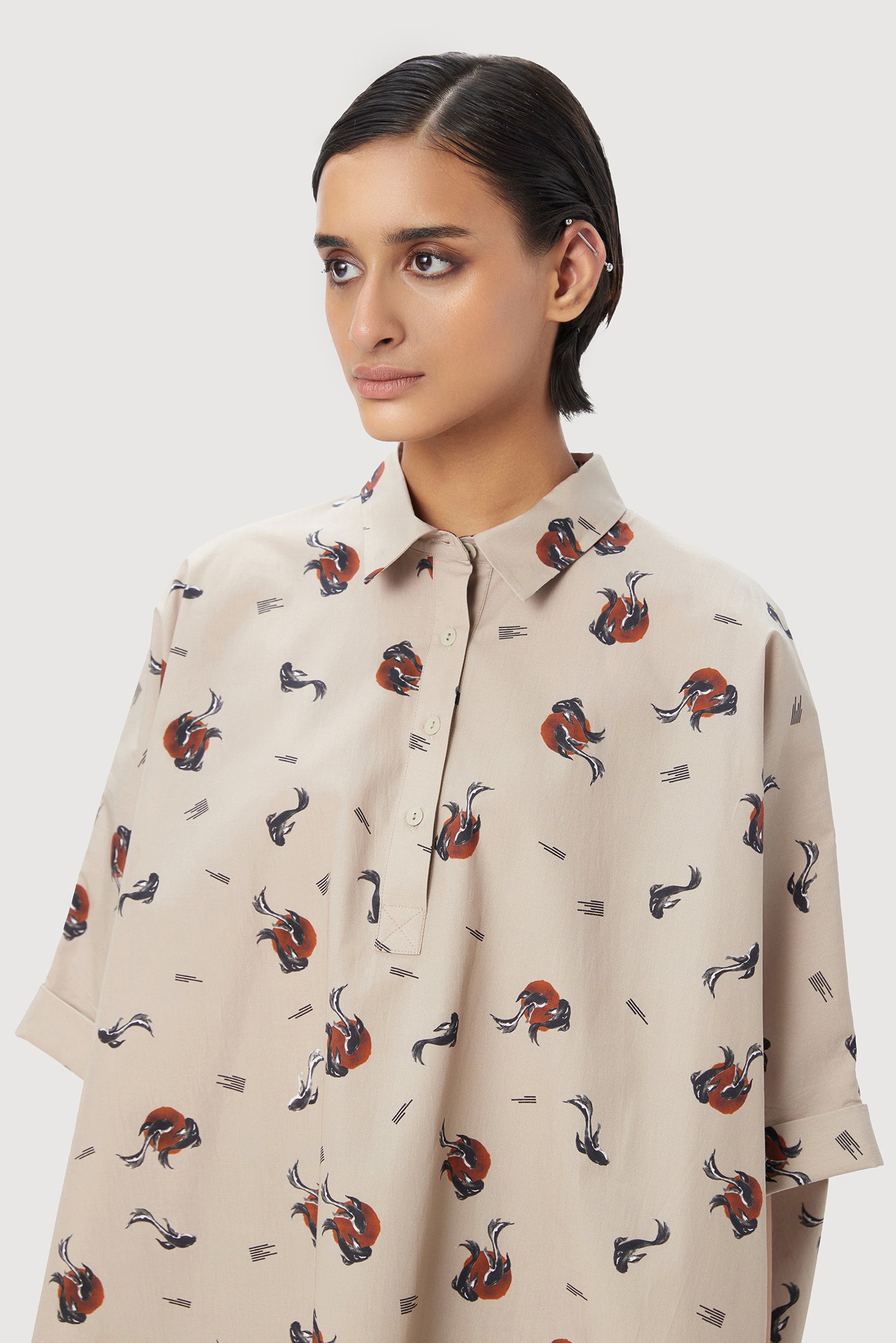 Stylish Oversized Button-Down Shirt with All-Over Fish Print