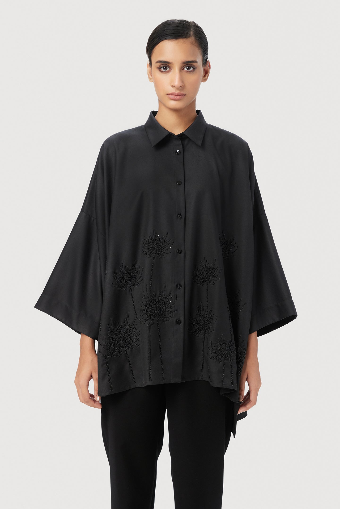 Oversized Button-Down Shirt with Chrysanthemum Beads