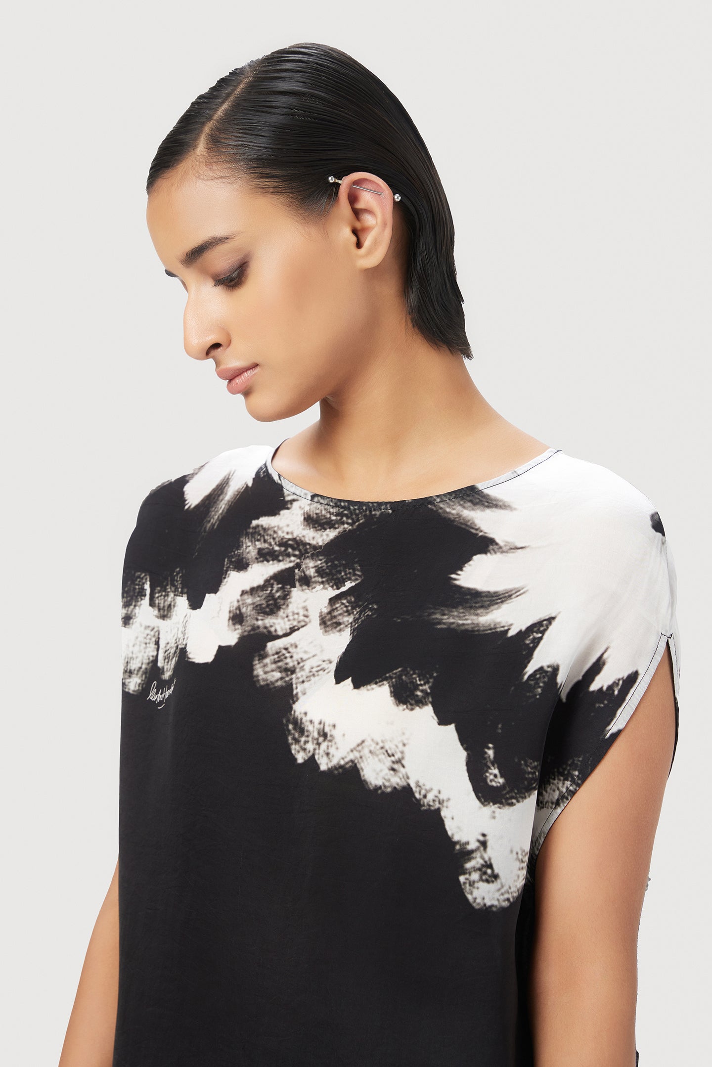Easy Fit Boat Neck Top With Drop Shoulders And Gingko Print