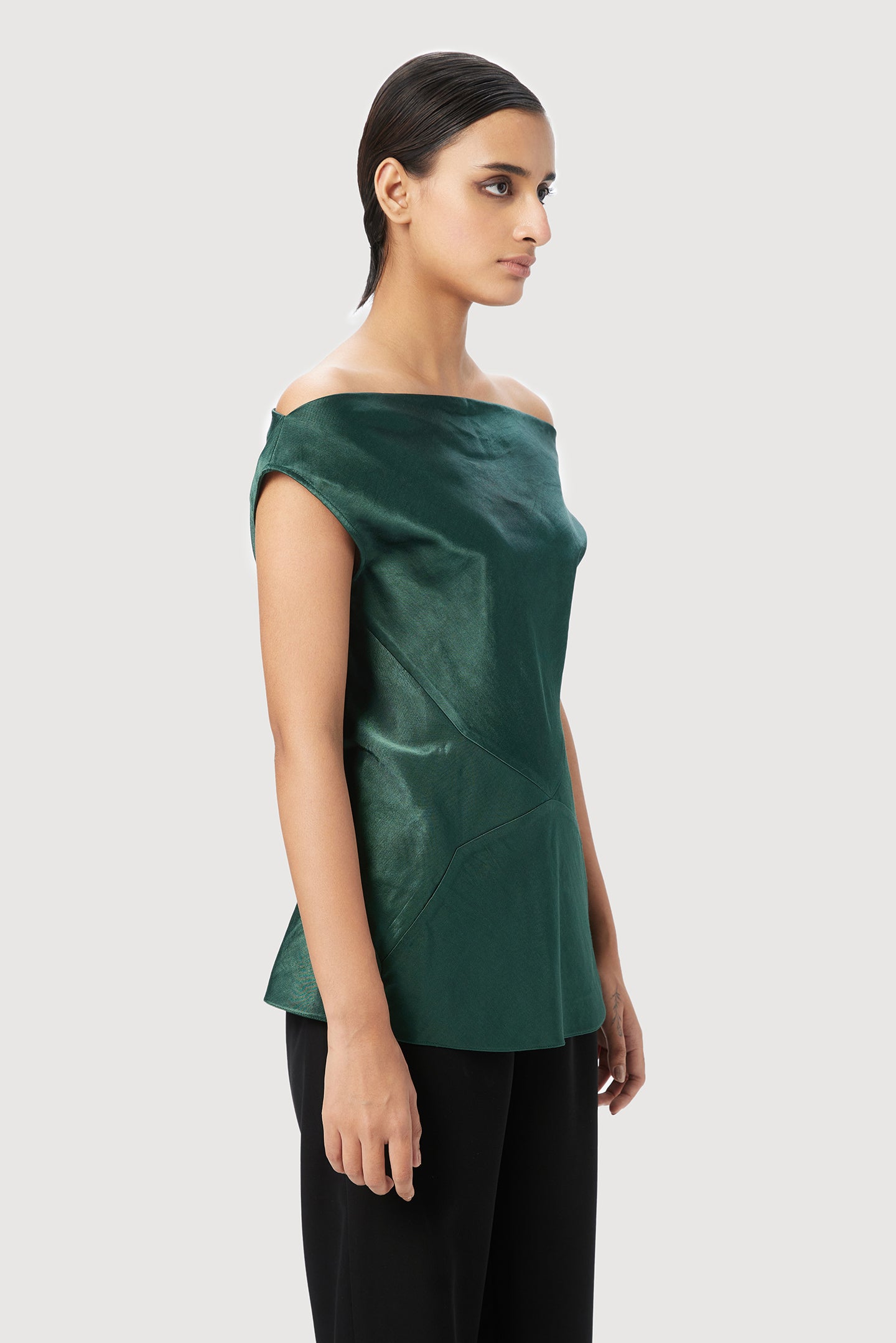 Slim Fit Sleeveless Top in Bias with Artful Cut-and-Sew Detail