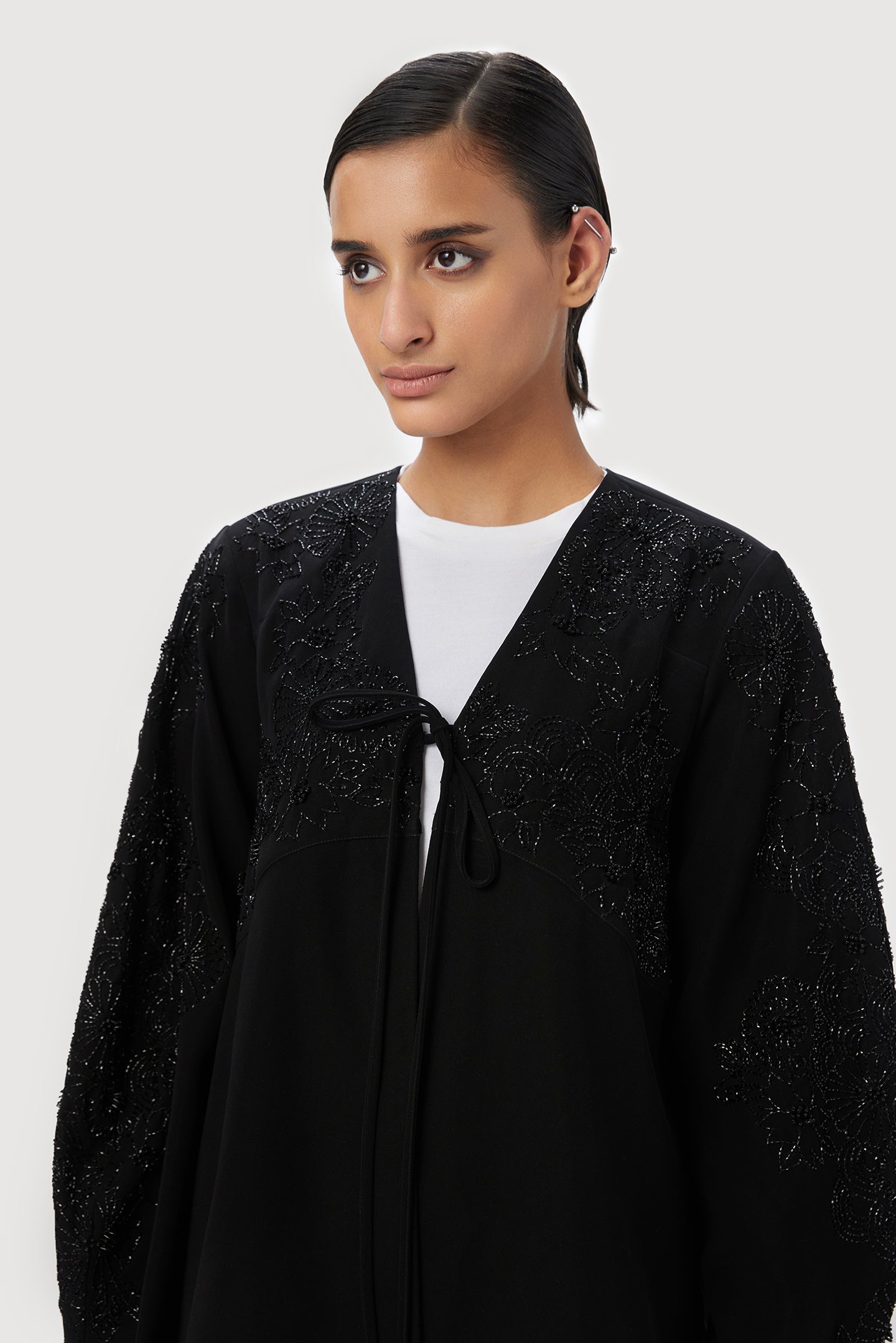 A-Line Jacket with V-Neck with Floral Beads Embroidery Placement