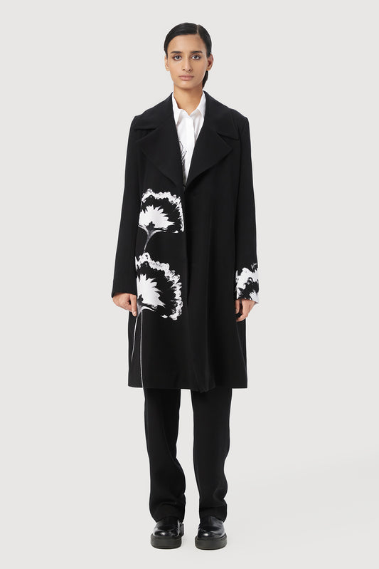Straight Fit Double Tailored Coat with a Statement Collar and Striking Print