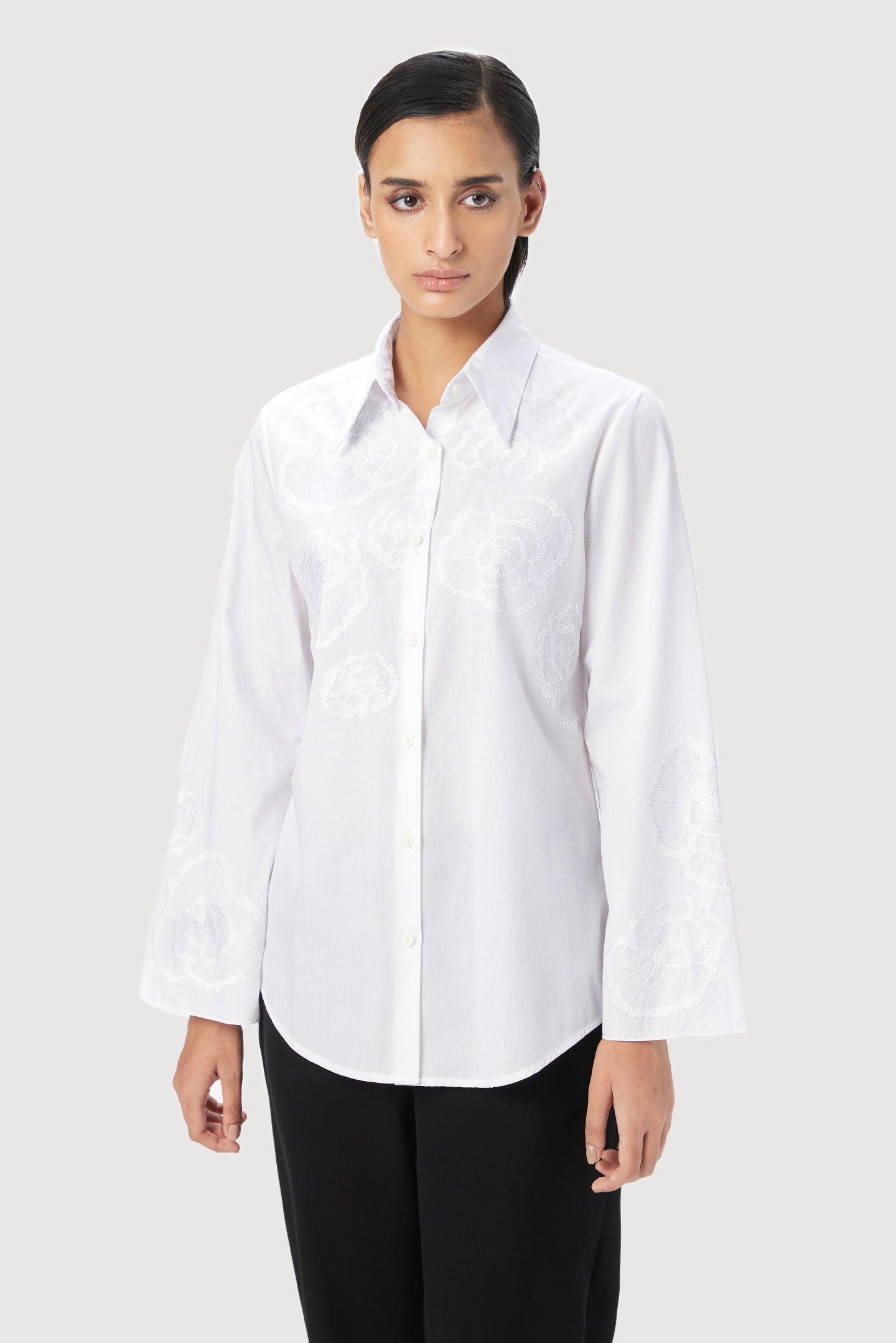 Slim Fit Button Down Shirt With Bell Sleeves And Tone On Tone Floral Thread Embroidery