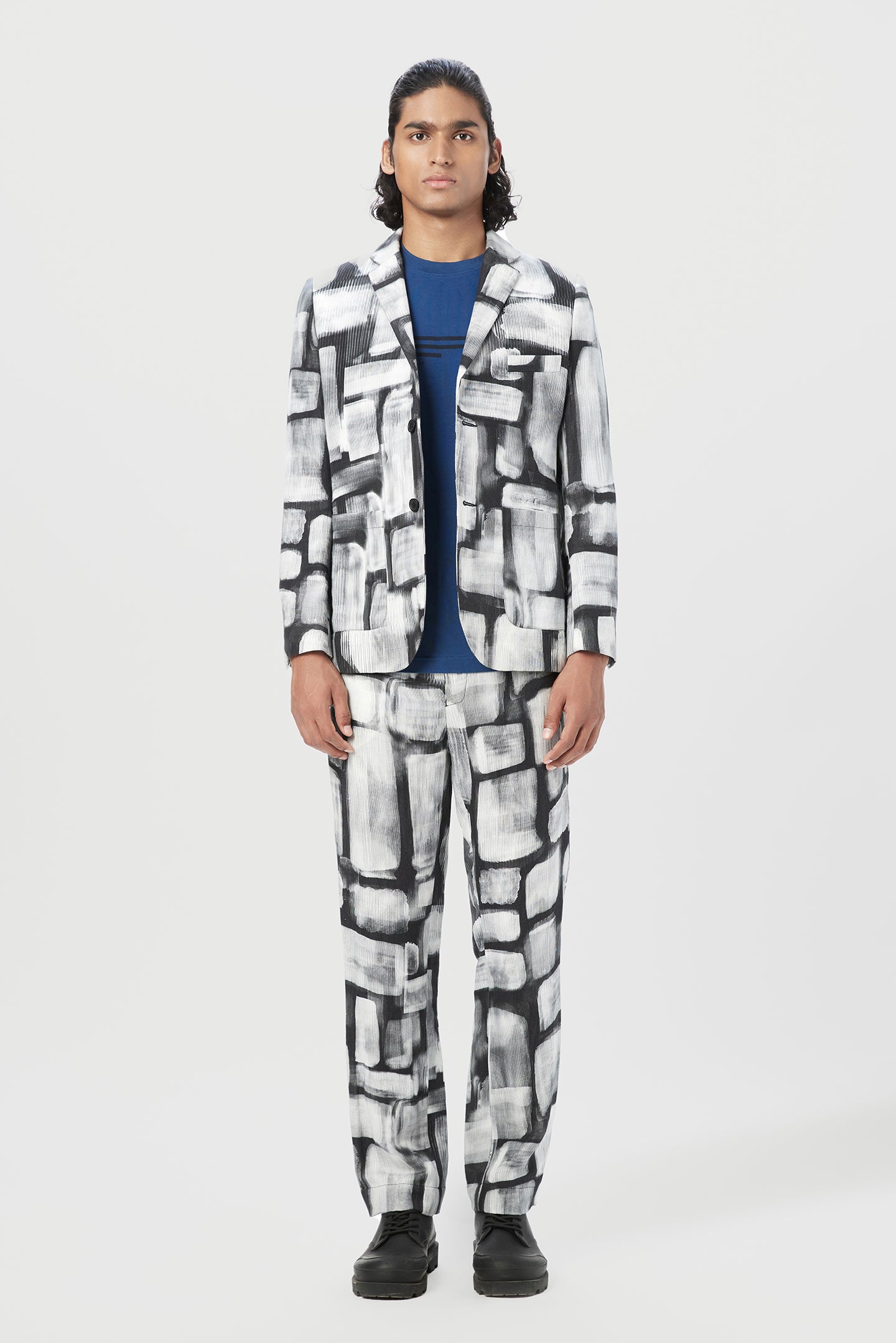 Regular Fit Two-Button Jacket with Overall Abstract Check Print