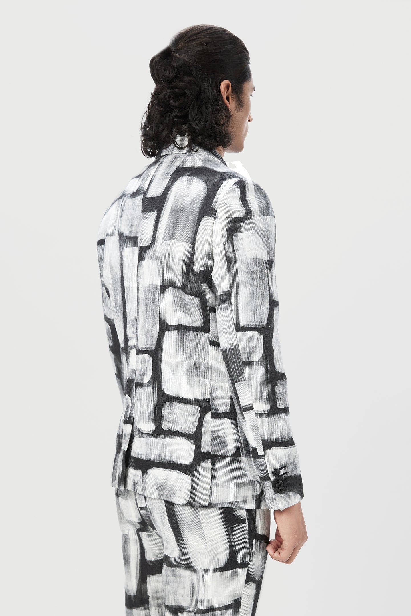 Regular Fit Two-Button Jacket with Overall Abstract Check Print