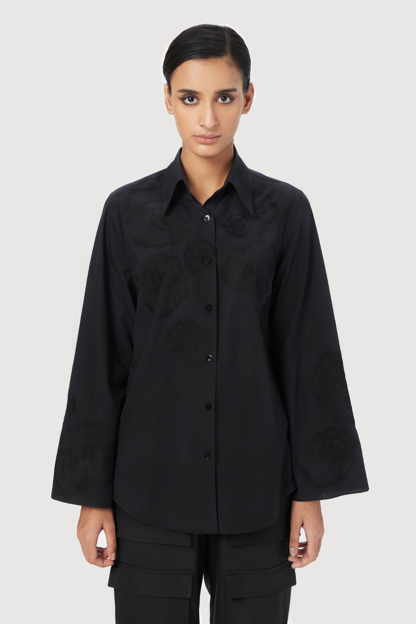 Slim Fit Button Down Shirt With Bell Sleeves And Tone On Tone Floral Thread Embroidery