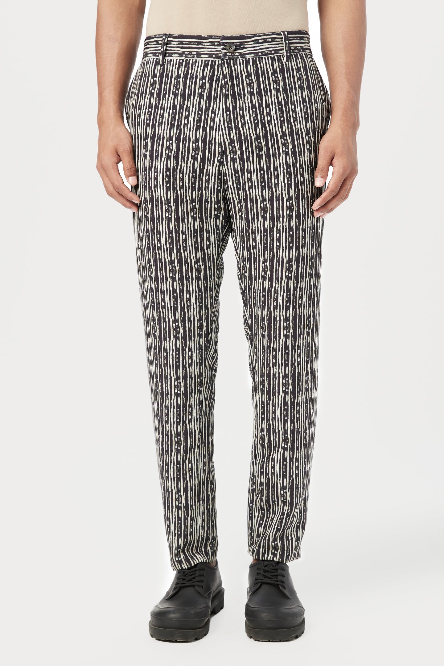 Classic Fit Trousers with All-Over Thin Textured Stripes Print