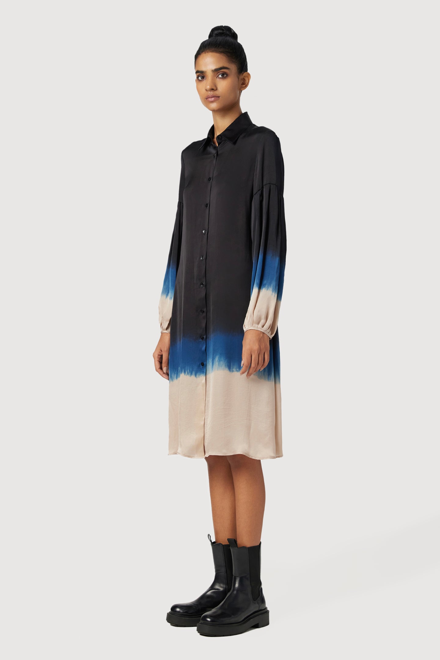 Easy Fit Button-Down Shirt-Dress with Pleated Sleeves